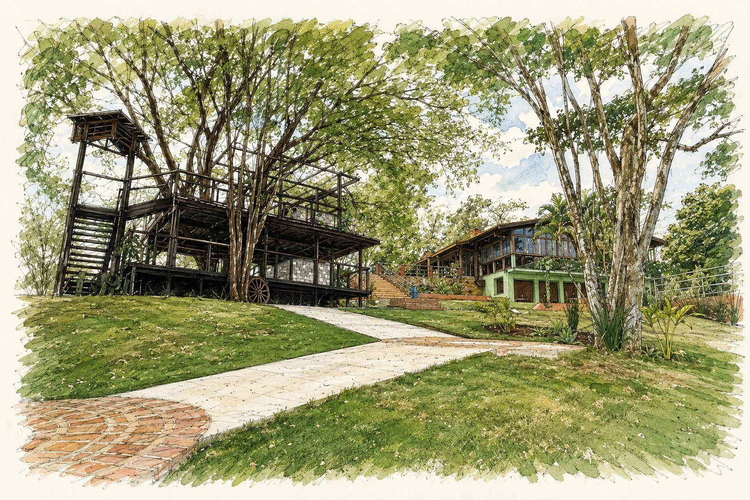 Ilustração em aquarela da Reserva do Areião mostrando a casa principal e a casa na árvore